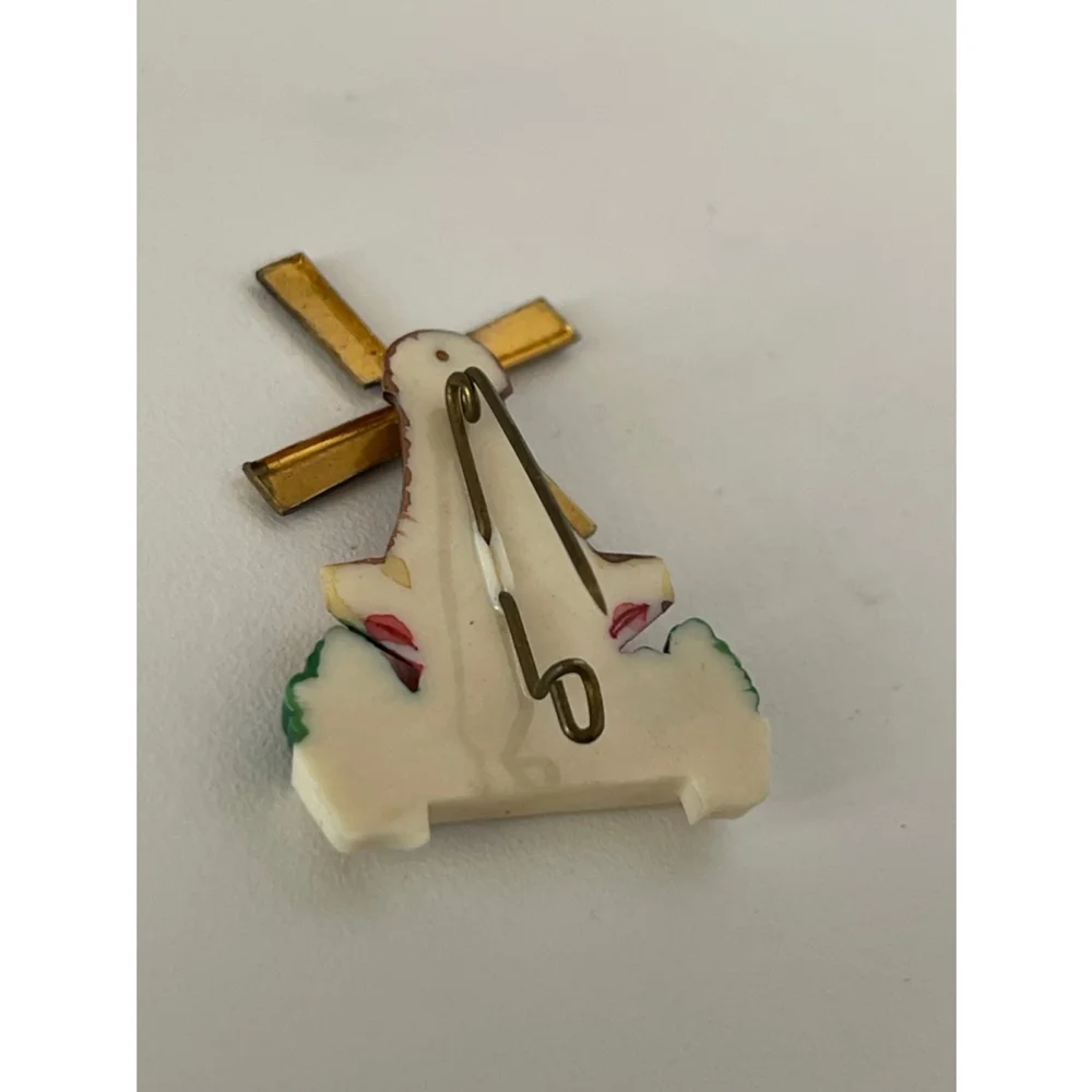 Vintage Gold Red Windmill Pin Brooch celluloid